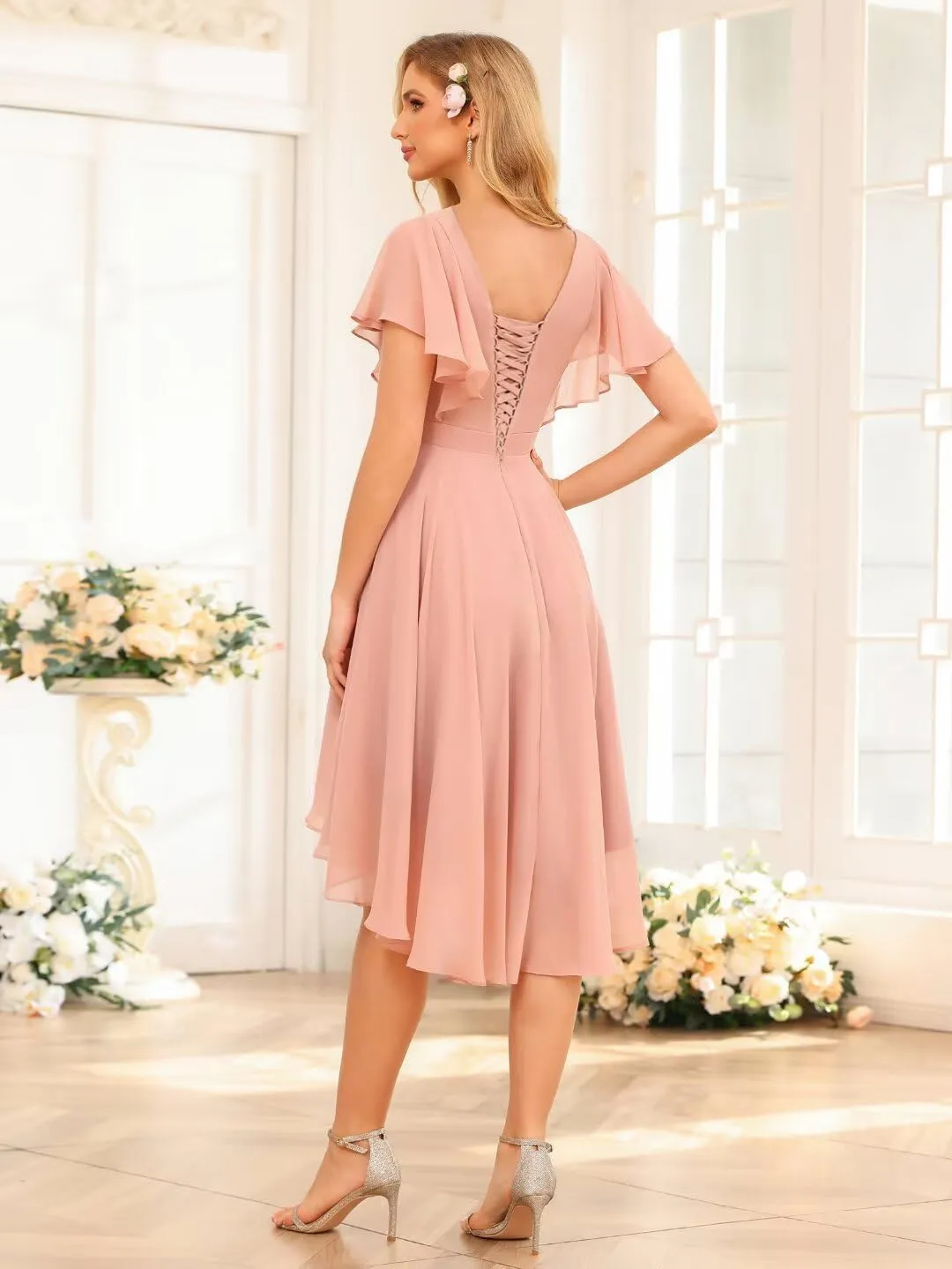 Noras dress Women's V Neck Wedding Guest Dresses A-Line Short Sleeves Bridesmaid Dress Short with Pockets NO149