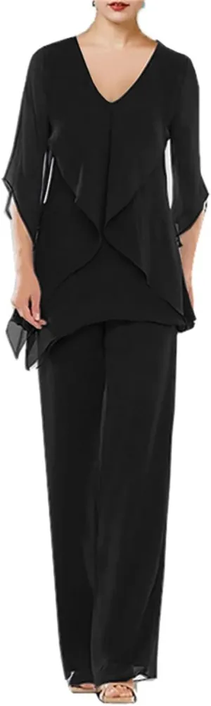 Noufany V Neck Flared Sleeve Mother of The Bride Dress for Wedding Women Pant Suits Outfits NY042