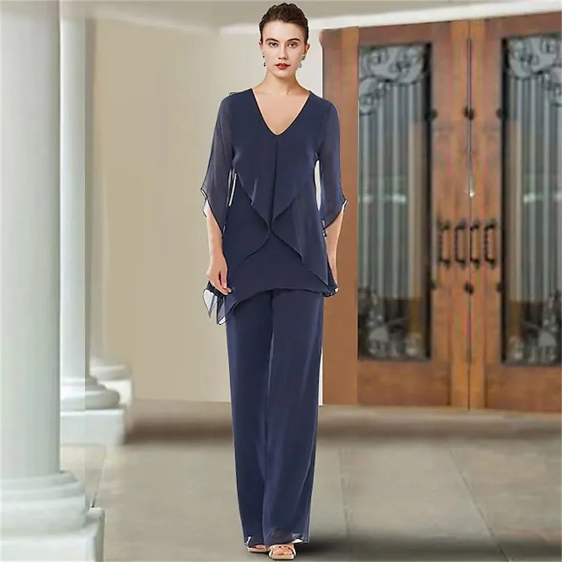 Noufany V Neck Flared Sleeve Mother of The Bride Dress for Wedding Women Pant Suits Outfits NY042