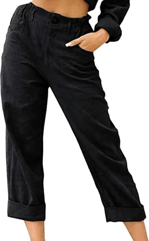 OMZIN Ladies High Elastic Waisted Trousers Fashion Wide Leg Pants Business Work Trousers Long Straight Pants