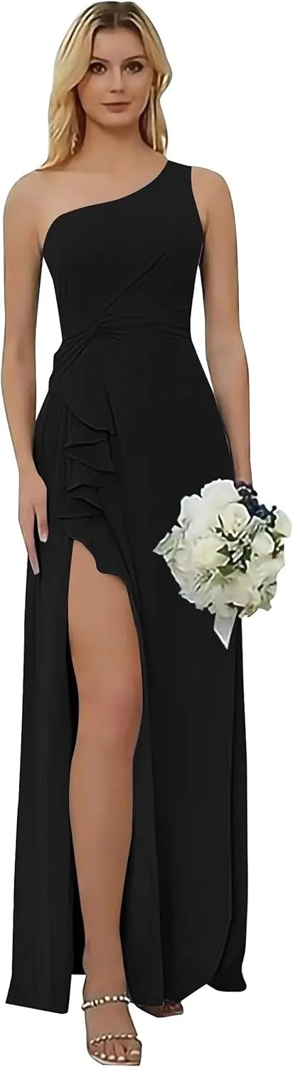 One Shoulder Bridesmaid Dresses for Women Long Ruched Chiffon Formal Dress with Slit A Line Evening Gown with Pleated
