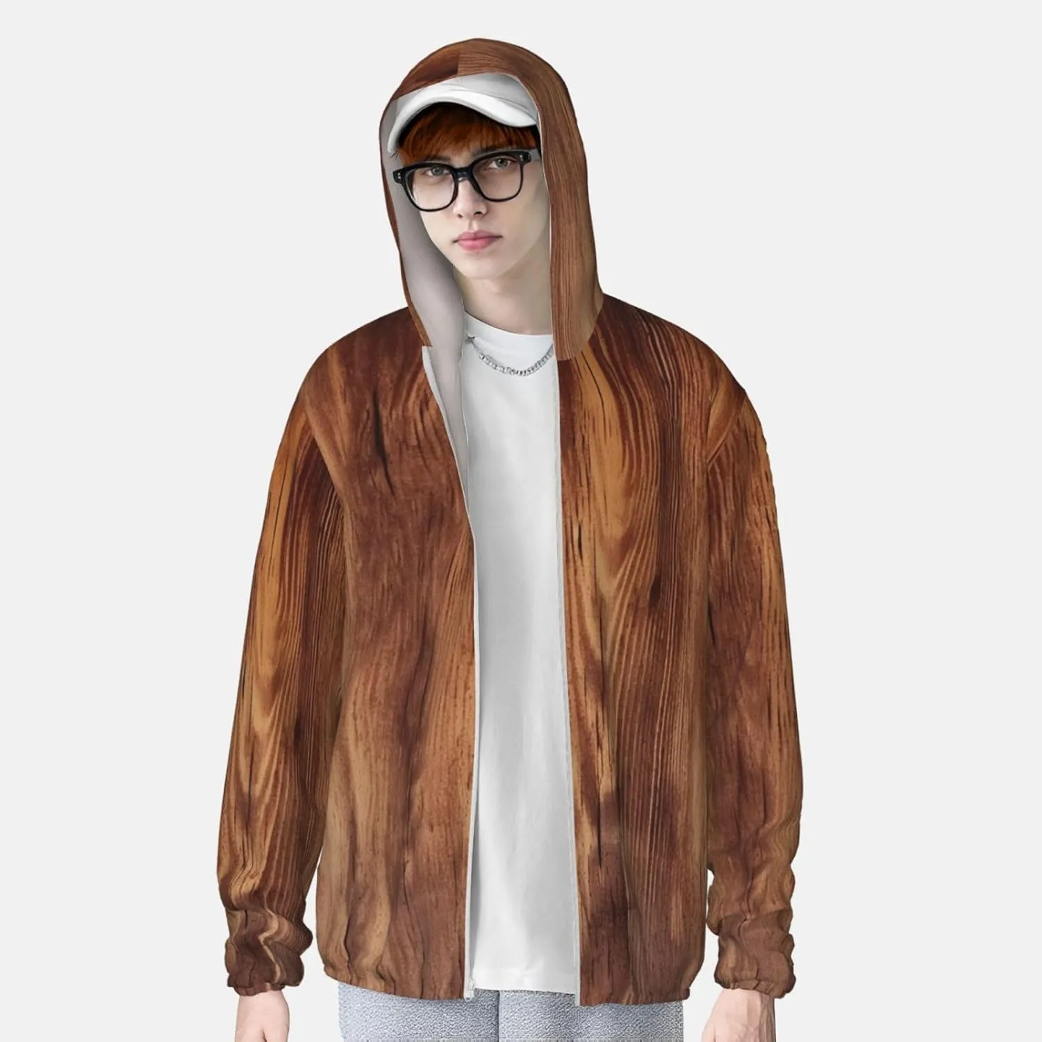 OUSIKA Sun Protection Hoodie Lightweight Shirt Long Sleeve Brown Wood Grain Sun Shirt Quick Dry Rash Guard for Outdoor