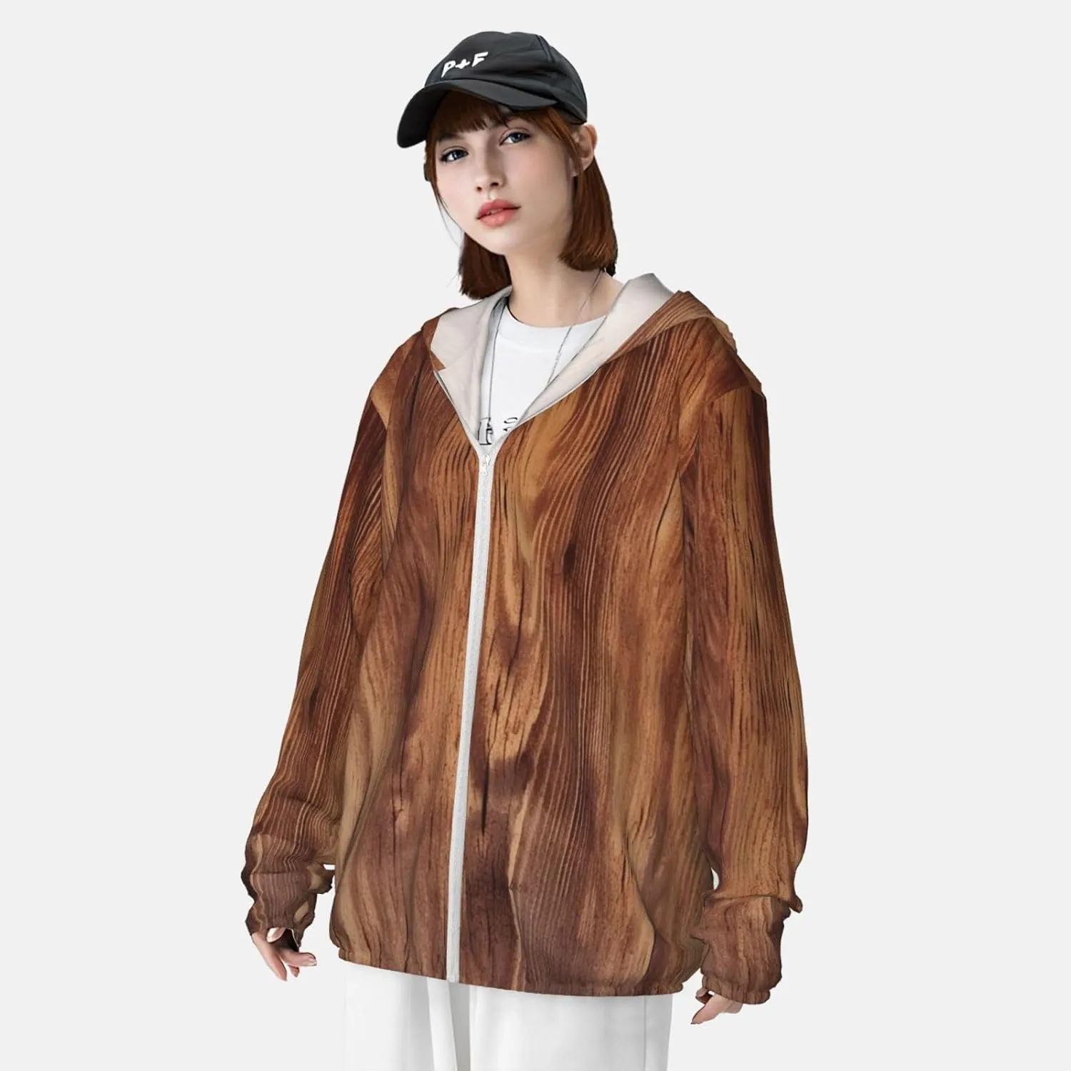 OUSIKA Sun Protection Hoodie Lightweight Shirt Long Sleeve Brown Wood Grain Sun Shirt Quick Dry Rash Guard for Outdoor