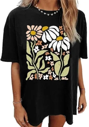 Oversized Graphic T-Shirt for Women Vintage Floral Shirt Rock Band Music Guitar Tee Casual Holiday Cute Plant Tops
