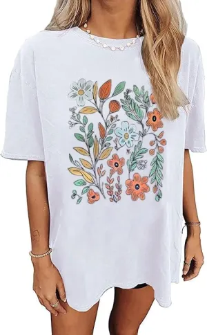 Oversized Graphic T-Shirt for Women Vintage Floral Shirt Rock Band Music Guitar Tee Casual Holiday Cute Plant Tops