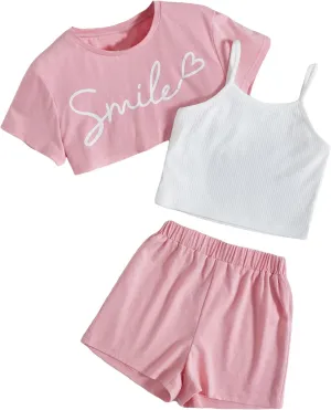 OYOANGLE Girl's 3 Pieces Summer Outfits Graphic Print Crop Tee Top and Cami Top with Shorts Set