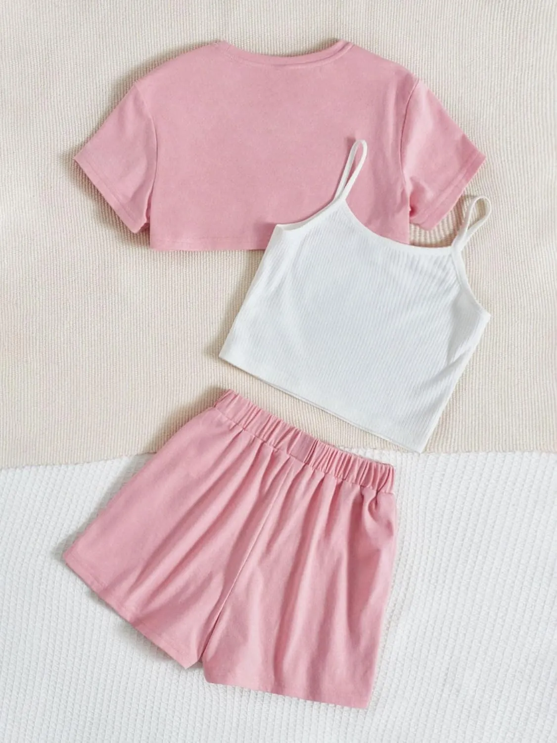 OYOANGLE Girl's 3 Pieces Summer Outfits Graphic Print Crop Tee Top and Cami Top with Shorts Set