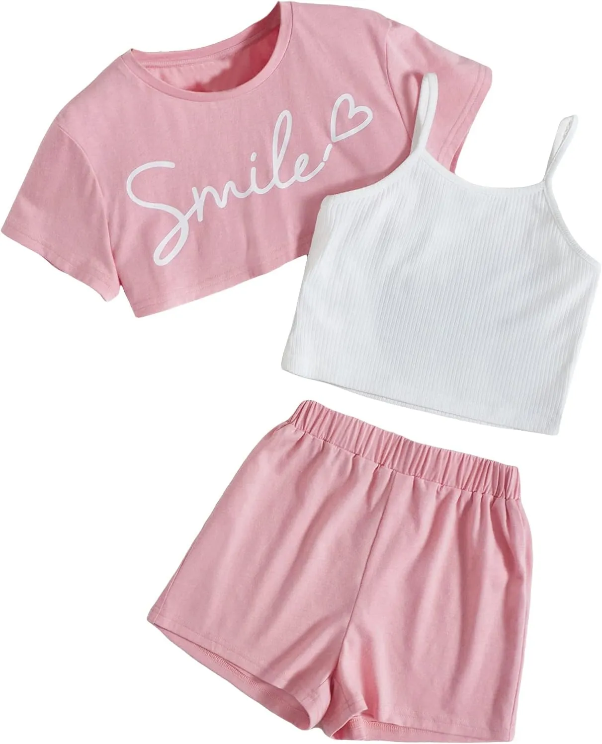 OYOANGLE Girl's 3 Pieces Summer Outfits Graphic Print Crop Tee Top and Cami Top with Shorts Set