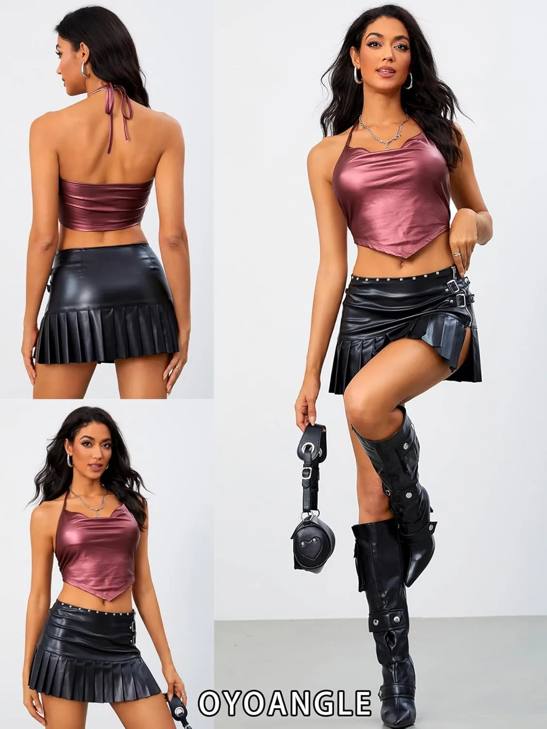 OYOANGLE Women's PU Leather Going Out Top Summer Sleeveless Draped Halter Crop Tank Cami Top