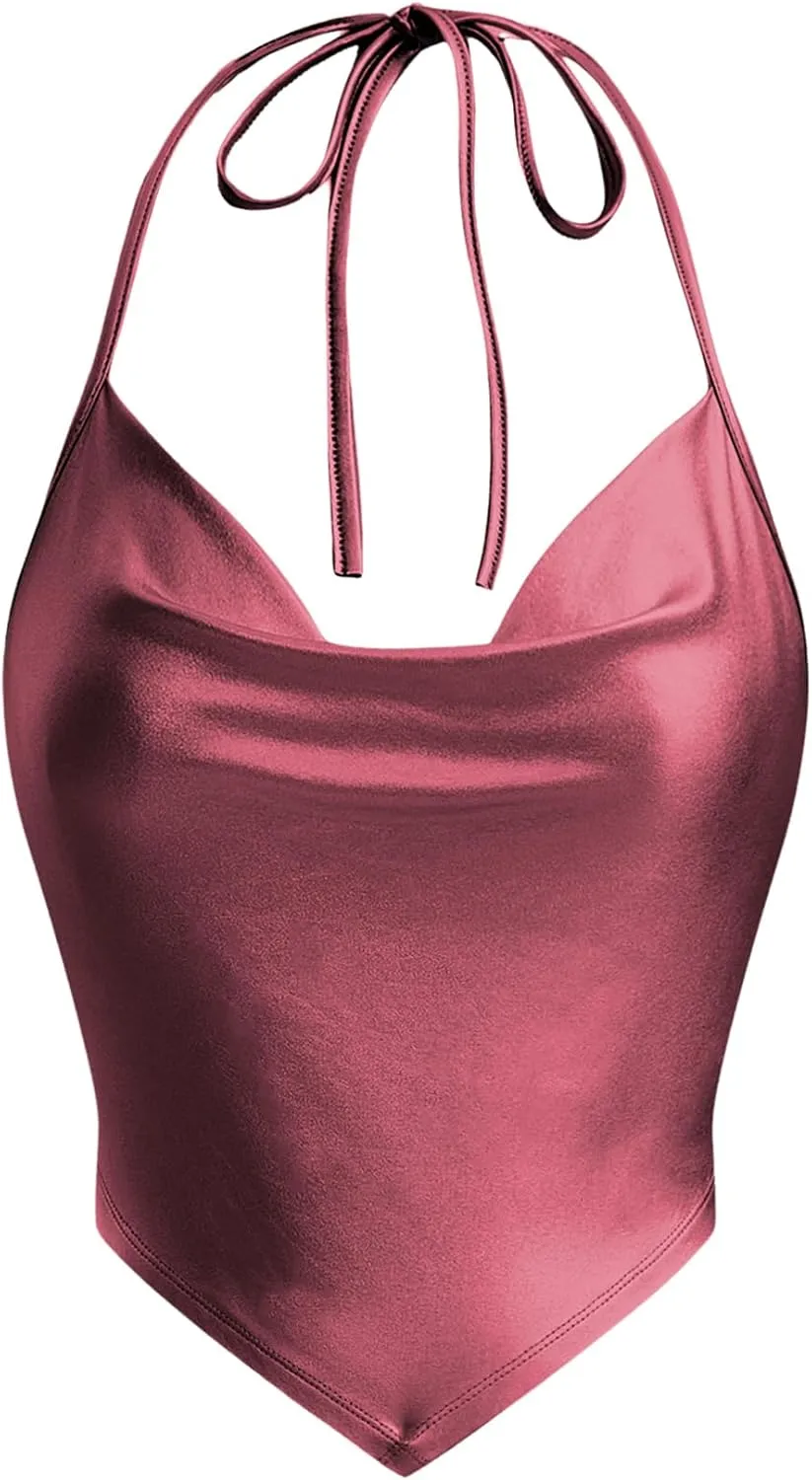 OYOANGLE Women's PU Leather Going Out Top Summer Sleeveless Draped Halter Crop Tank Cami Top