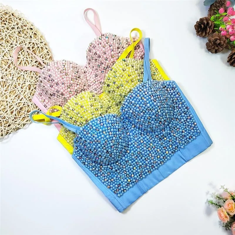 Pearl Camisole Short Shaping Top Inner Wear Or Outer Wear, Beaded Diamond Nightclub Tube Top for Women