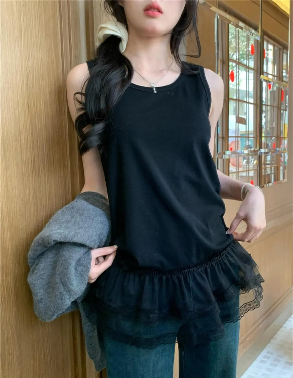 Peplum Top Ruffle Tank Top Lace Patchowrk Ballet Cutecore Clothes Women Camisole Tops Casual Streetwear Summer Outfit