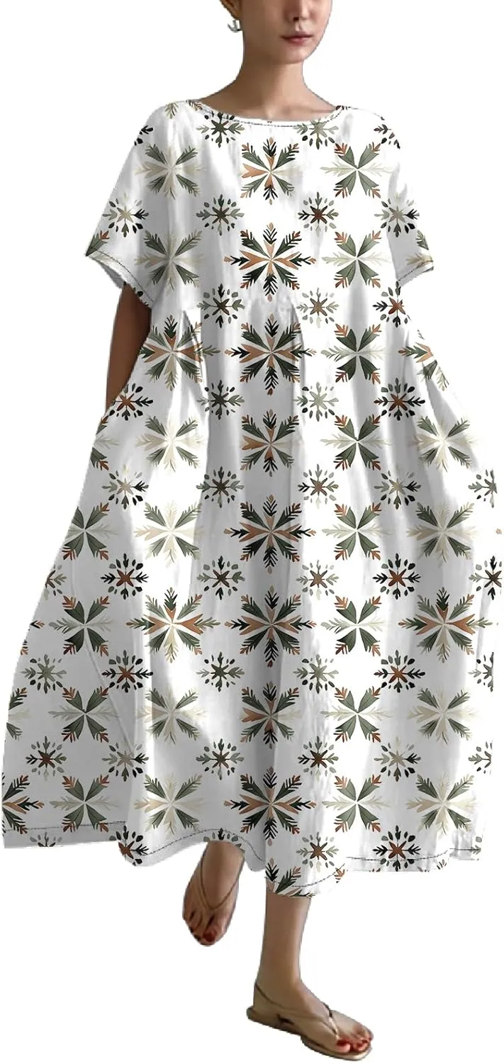 Plus Size Floral Maxi Dress for Women Summer Casual Short Sleeve Boho Dress Cotton Beach Sundresses with Pockets
