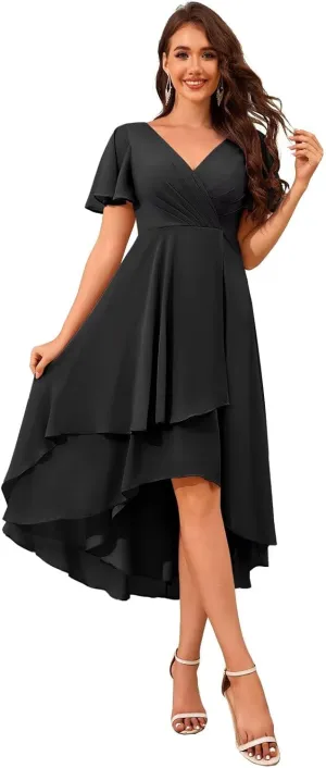POMUYOO High Low Bridesmaid Dresses Chiffon V-Neck Short Sleeve Ruched Modest Formal Gowns for Wedding