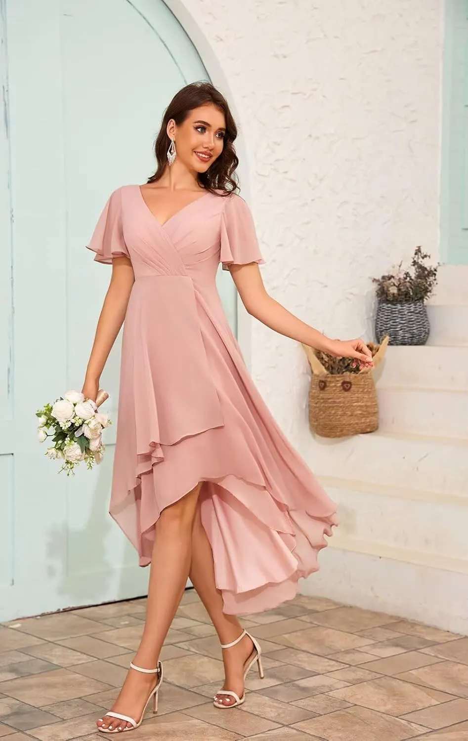 POMUYOO High Low Bridesmaid Dresses Chiffon V-Neck Short Sleeve Ruched Modest Formal Gowns for Wedding