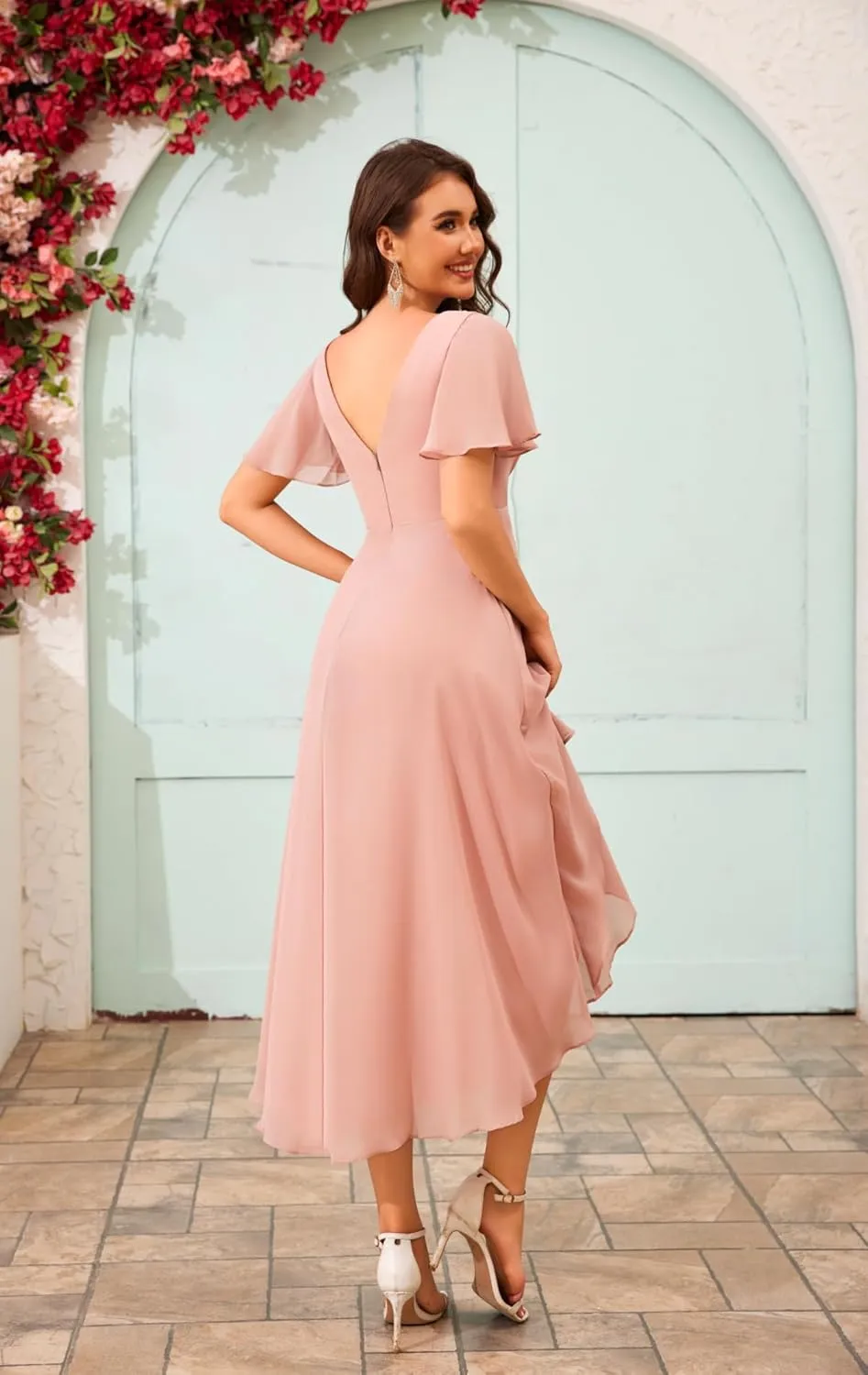 POMUYOO High Low Bridesmaid Dresses Chiffon V-Neck Short Sleeve Ruched Modest Formal Gowns for Wedding