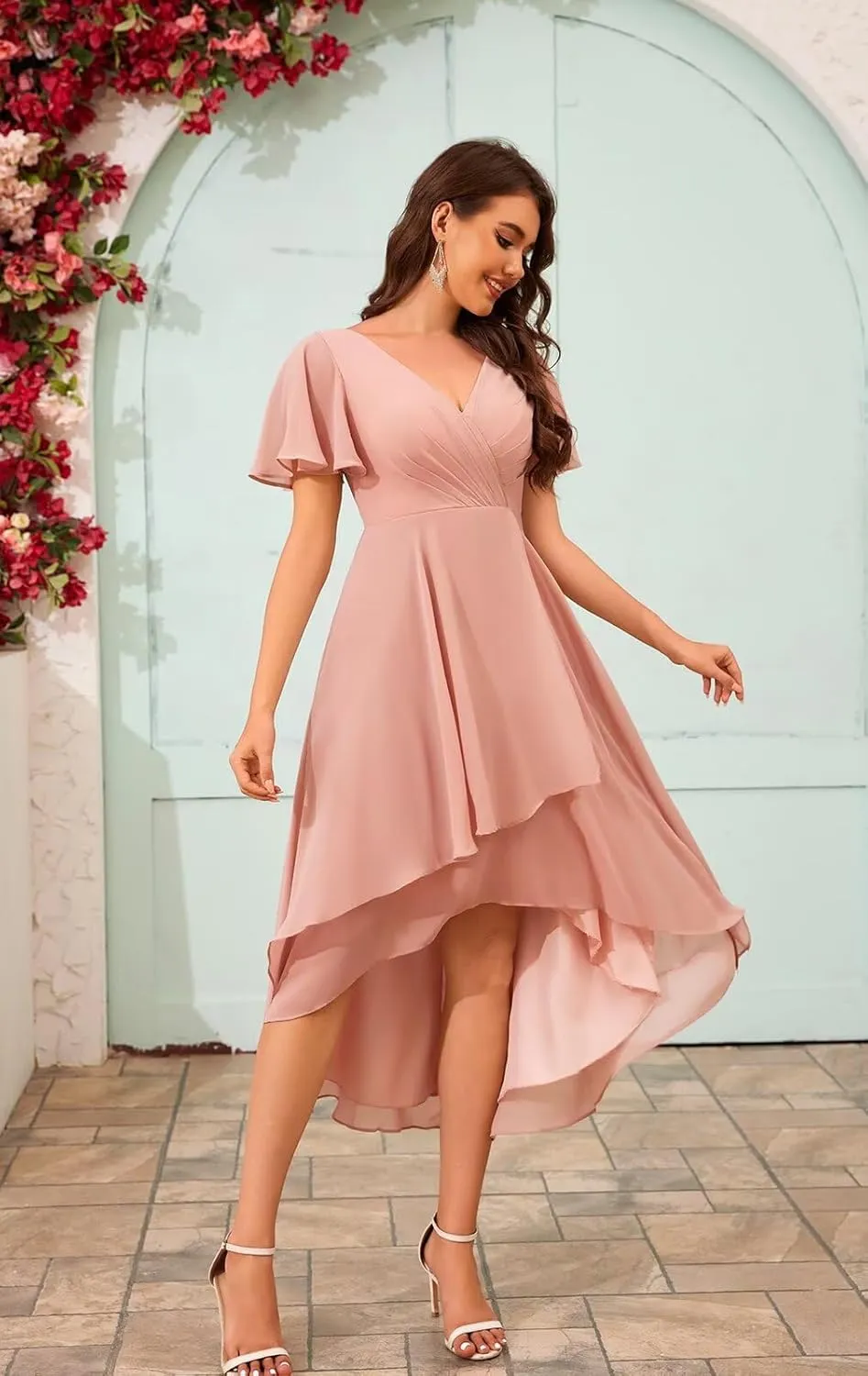 POMUYOO High Low Bridesmaid Dresses Chiffon V-Neck Short Sleeve Ruched Modest Formal Gowns for Wedding