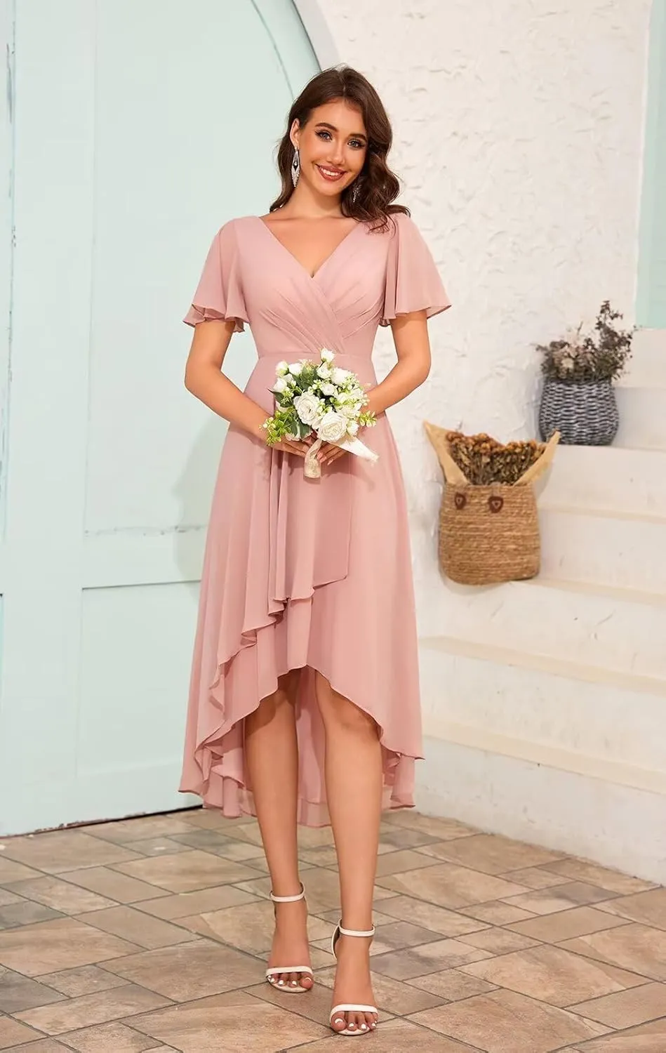 POMUYOO High Low Bridesmaid Dresses Chiffon V-Neck Short Sleeve Ruched Modest Formal Gowns for Wedding
