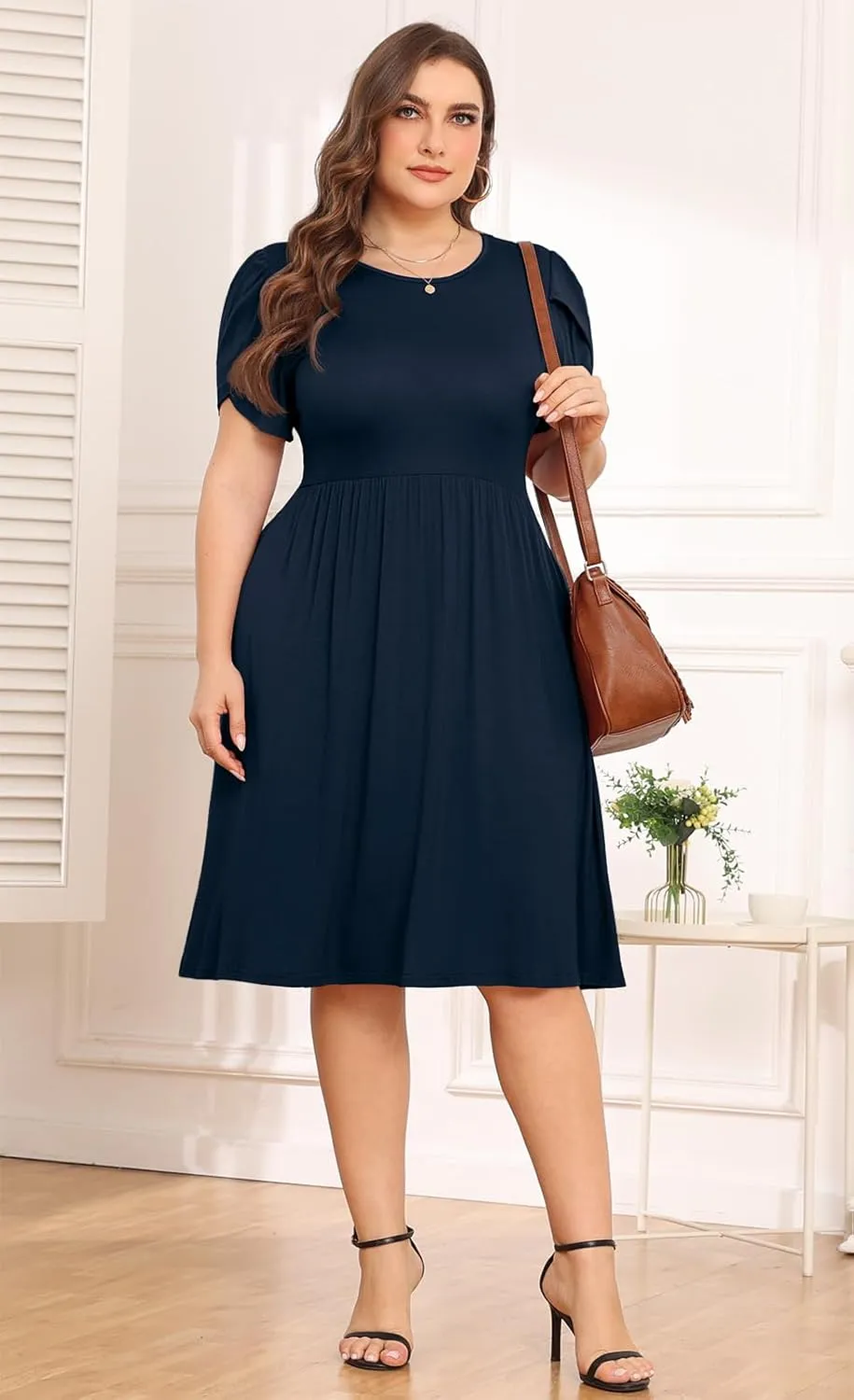 POSESHE Womens Plus Size Dress 2024 Summer Casual Petal Short Sleeve Empire Waist Loose Fit Swing T-Shirt Dress with Pockets