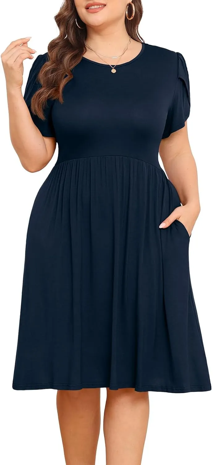POSESHE Womens Plus Size Dress 2024 Summer Casual Petal Short Sleeve Empire Waist Loose Fit Swing T-Shirt Dress with Pockets
