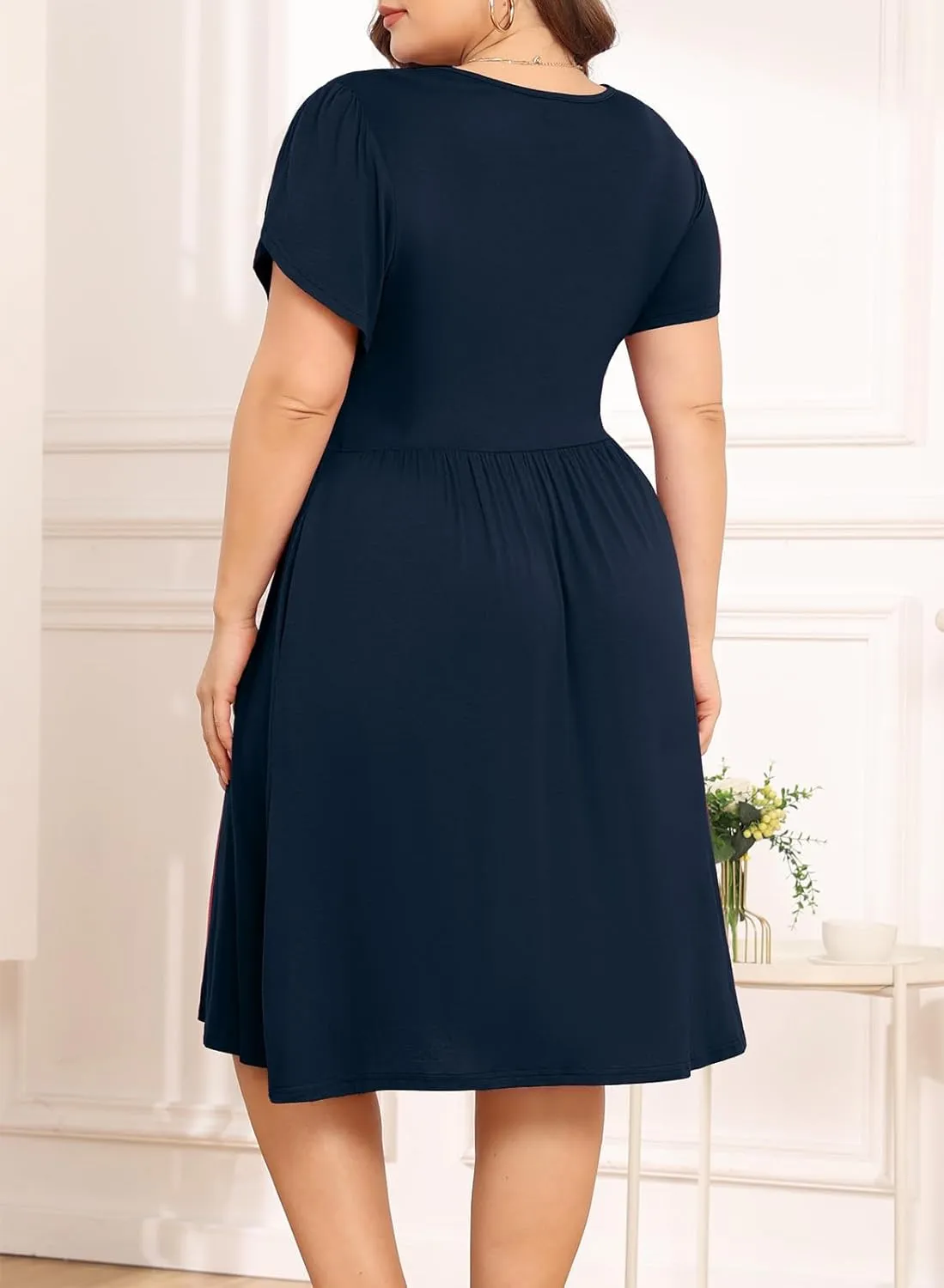 POSESHE Womens Plus Size Dress 2024 Summer Casual Petal Short Sleeve Empire Waist Loose Fit Swing T-Shirt Dress with Pockets