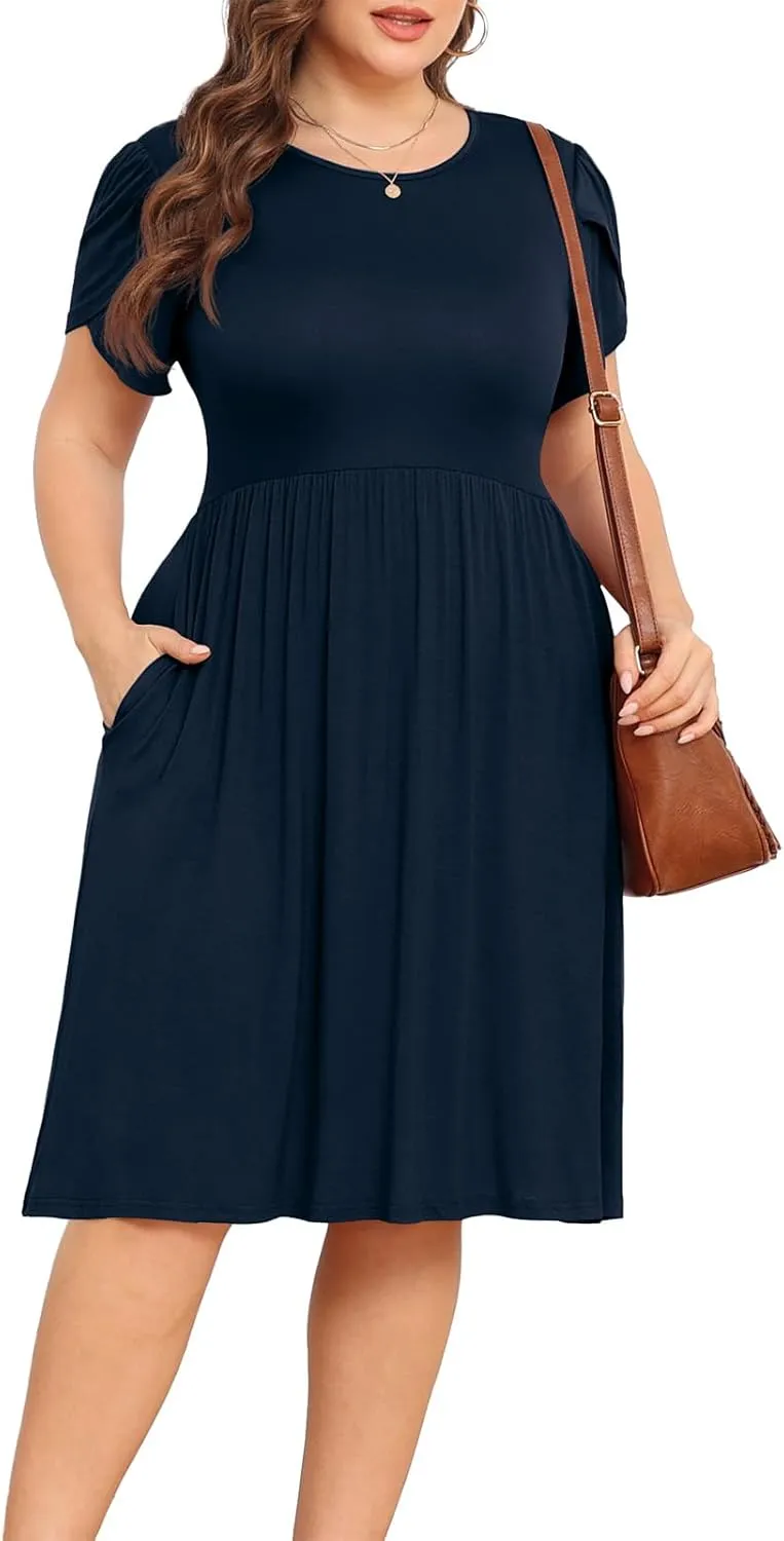 POSESHE Womens Plus Size Dress 2024 Summer Casual Petal Short Sleeve Empire Waist Loose Fit Swing T-Shirt Dress with Pockets