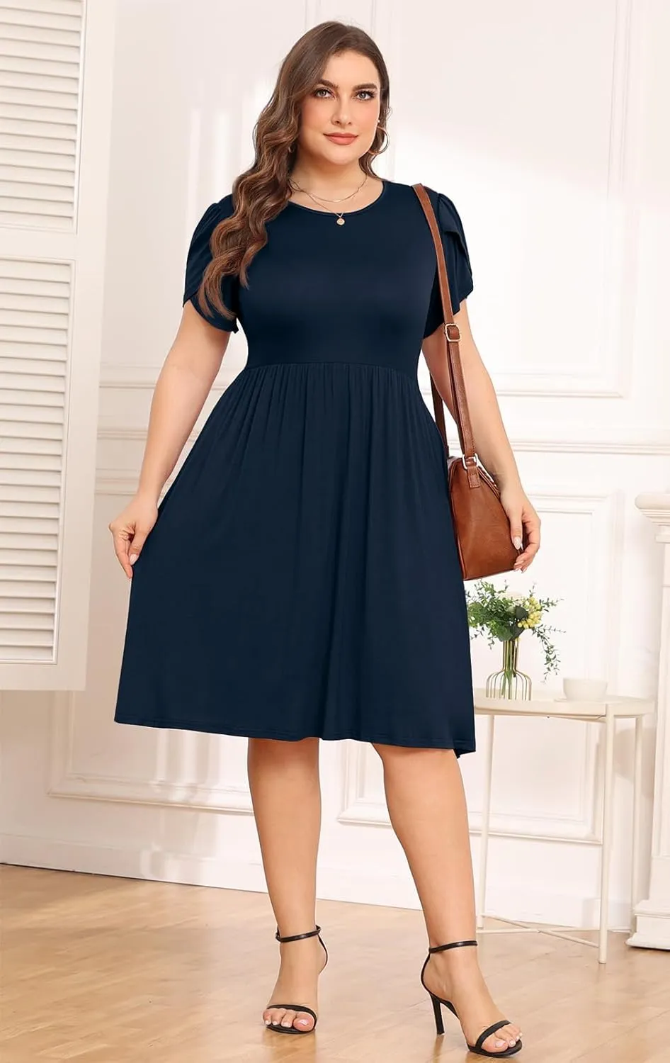POSESHE Womens Plus Size Dress 2024 Summer Casual Petal Short Sleeve Empire Waist Loose Fit Swing T-Shirt Dress with Pockets