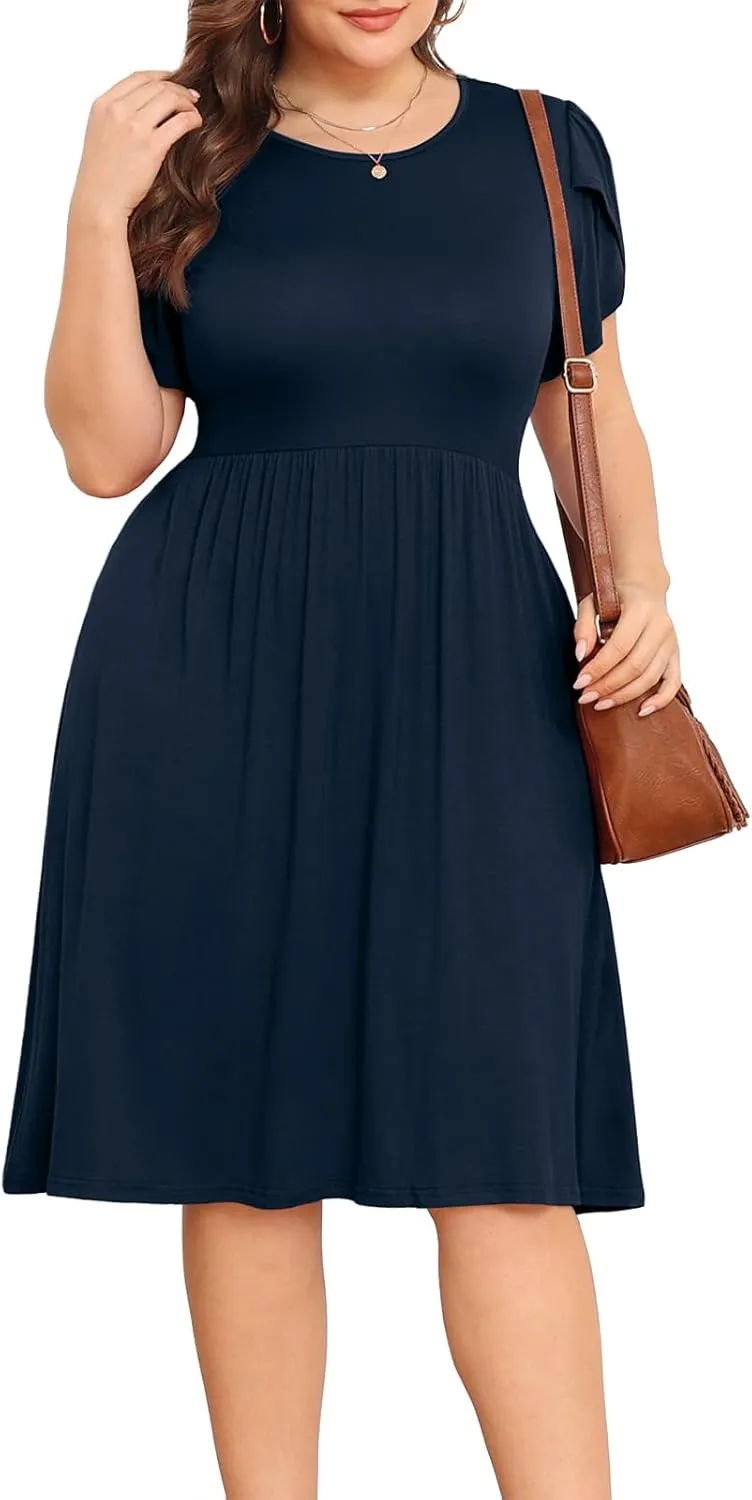 POSESHE Womens Plus Size Dress 2024 Summer Casual Petal Short Sleeve Empire Waist Loose Fit Swing T-Shirt Dress with Pockets