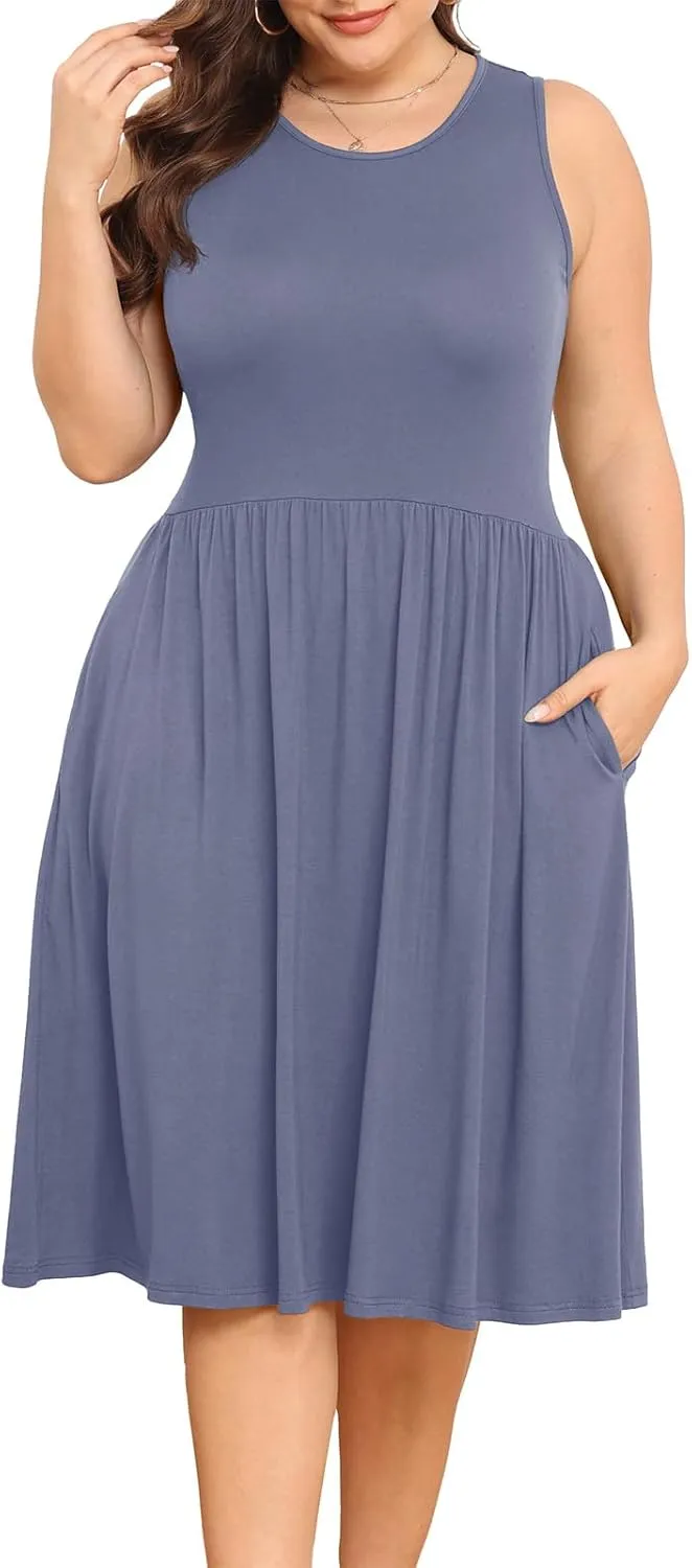 POSESHE Womens Plus Size Dress 2024 Summer Round Neck Sleeveless Casual Empire Waist Loose Fit Swing Tank Dress with Pockets