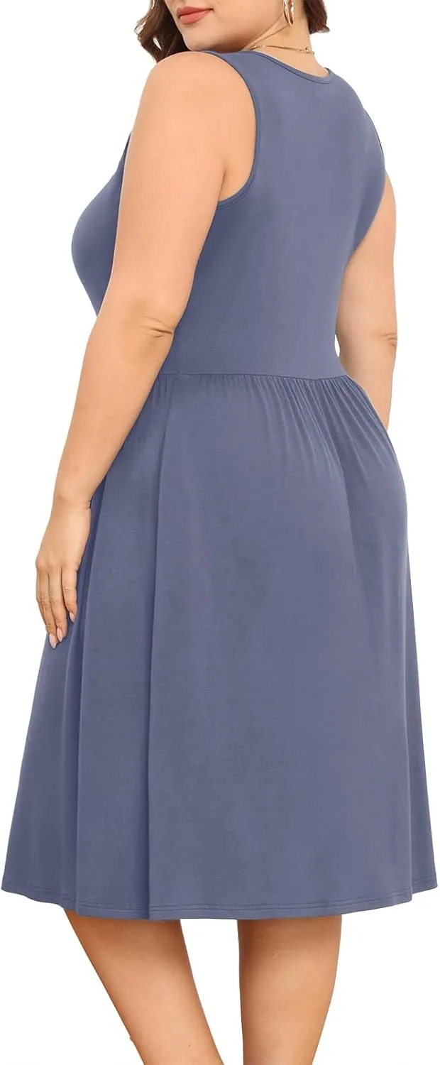 POSESHE Womens Plus Size Dress 2024 Summer Round Neck Sleeveless Casual Empire Waist Loose Fit Swing Tank Dress with Pockets