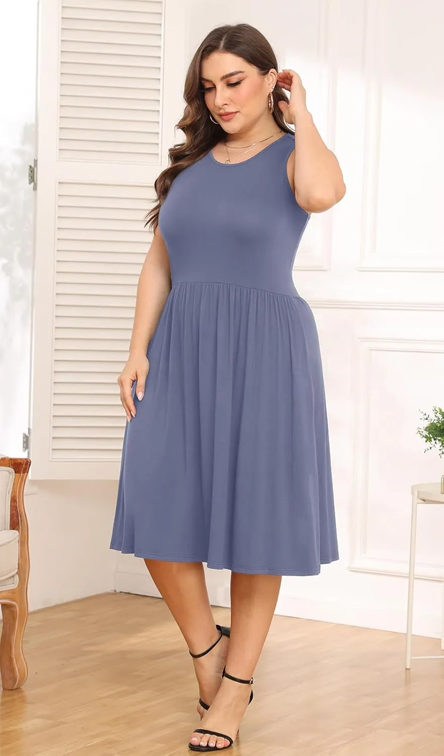 POSESHE Womens Plus Size Dress 2024 Summer Round Neck Sleeveless Casual Empire Waist Loose Fit Swing Tank Dress with Pockets