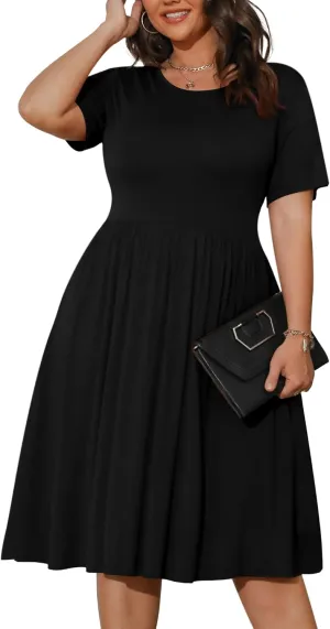 POSESHE Womens Plus Size Summer Dress 2025 Casual Short Sleeve Empire Waist Loose Fit Swing T-Shirt Dress with Pockets