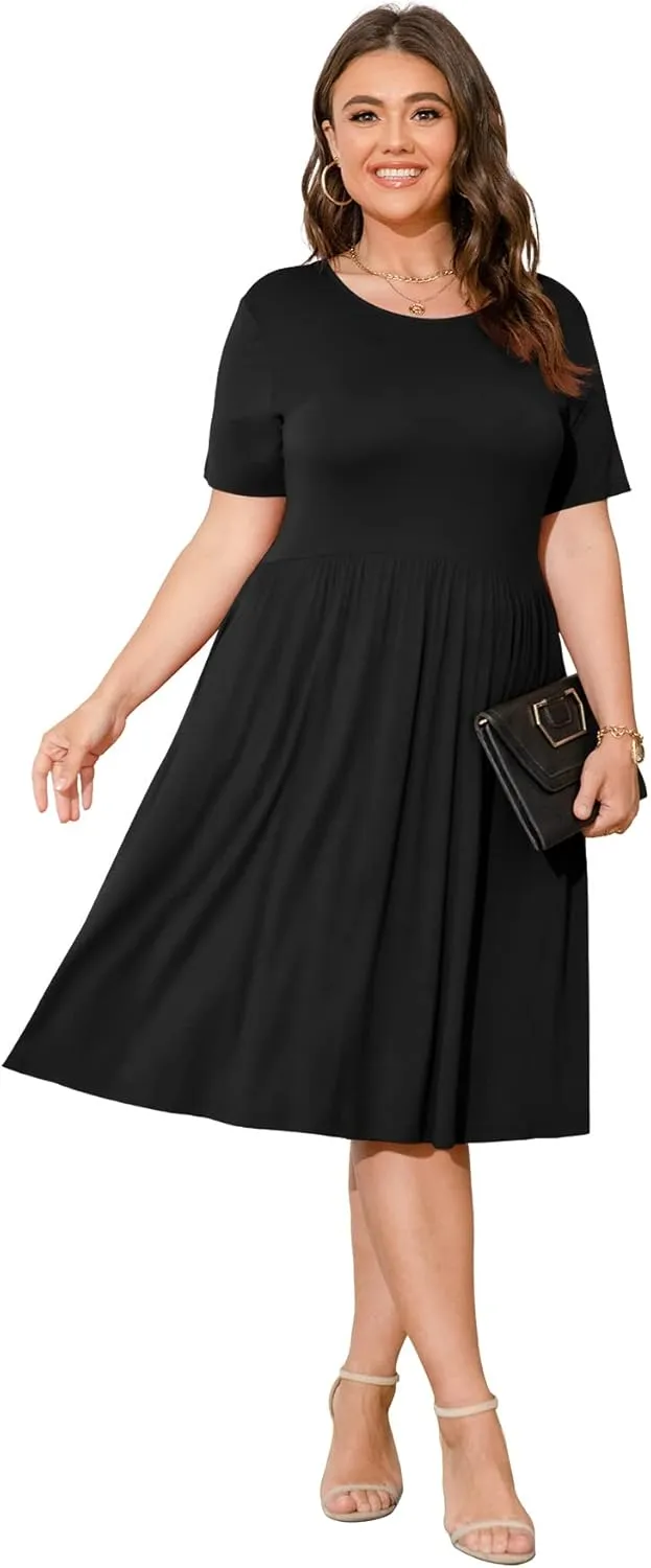 POSESHE Womens Plus Size Summer Dress 2025 Casual Short Sleeve Empire Waist Loose Fit Swing T-Shirt Dress with Pockets