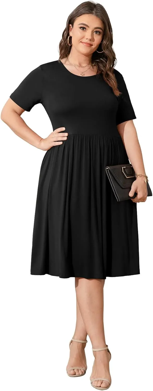 POSESHE Womens Plus Size Summer Dress 2025 Casual Short Sleeve Empire Waist Loose Fit Swing T-Shirt Dress with Pockets