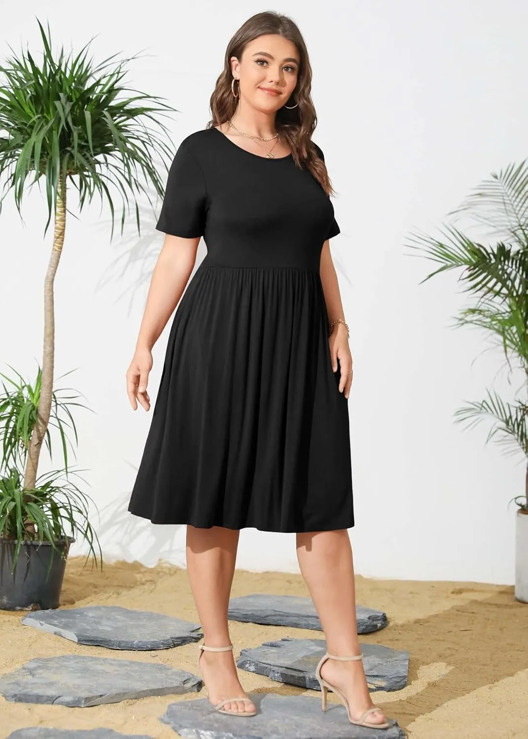 POSESHE Womens Plus Size Summer Dress 2025 Casual Short Sleeve Empire Waist Loose Fit Swing T-Shirt Dress with Pockets