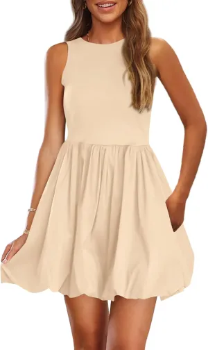 PRETTYGARDEN Summer Dresses for Women 2025 Casual Sleeveless Tank Mini Short Dress Crew Neck Bubble Sundress with Pockets