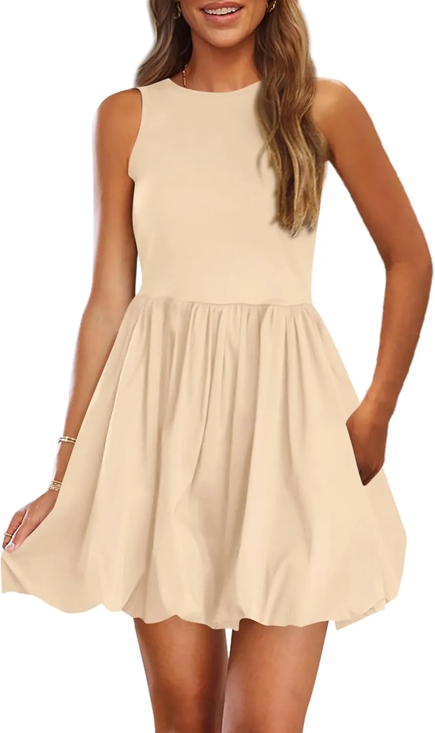 PRETTYGARDEN Summer Dresses for Women 2025 Casual Sleeveless Tank Mini Short Dress Crew Neck Bubble Sundress with Pockets