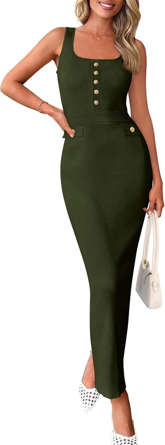 PRETTYGARDEN Women's 2025 Summer Bodycon Maxi Dresses Sleeveless Buttons Knit Spring Elegant Wedding Guest Cocktail Dress