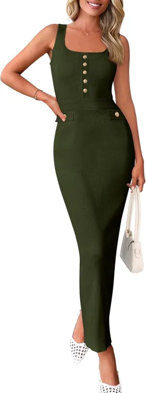 PRETTYGARDEN Women's 2025 Summer Bodycon Maxi Dresses Sleeveless Buttons Knit Spring Elegant Wedding Guest Cocktail Dress