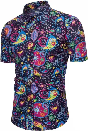 QZH.DUAO Mens 70s Disco Party Shirts Casual Paisley Button Down Shirt Vintage Floral Hawaiian Beach Short Sleeve Shirt