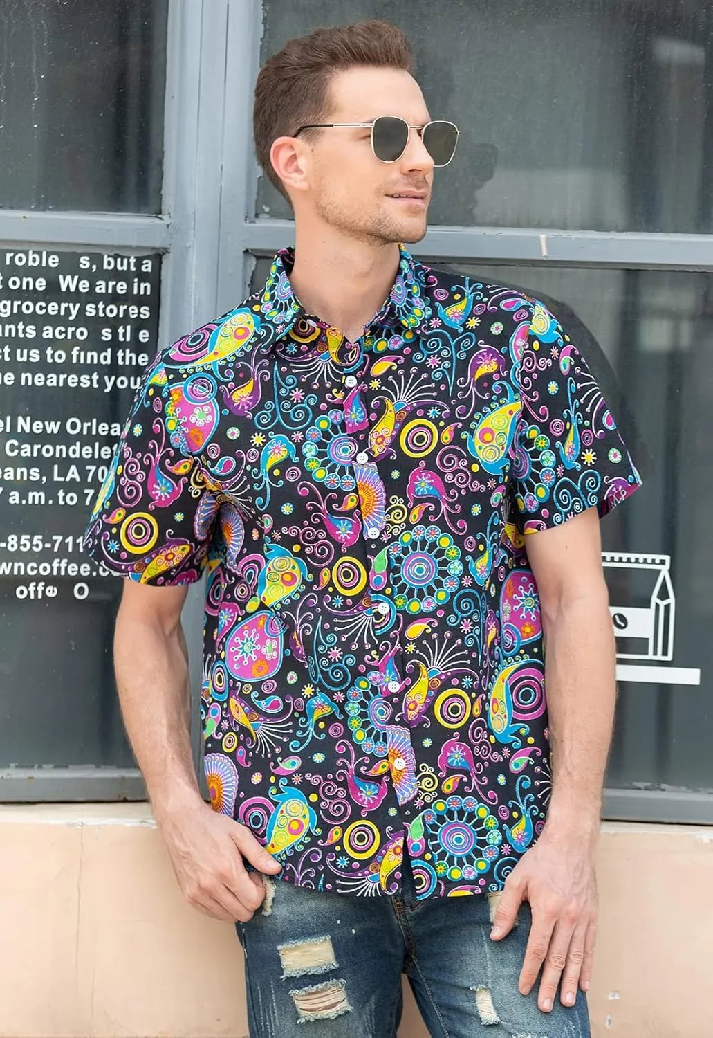 QZH.DUAO Mens 70s Disco Party Shirts Casual Paisley Button Down Shirt Vintage Floral Hawaiian Beach Short Sleeve Shirt