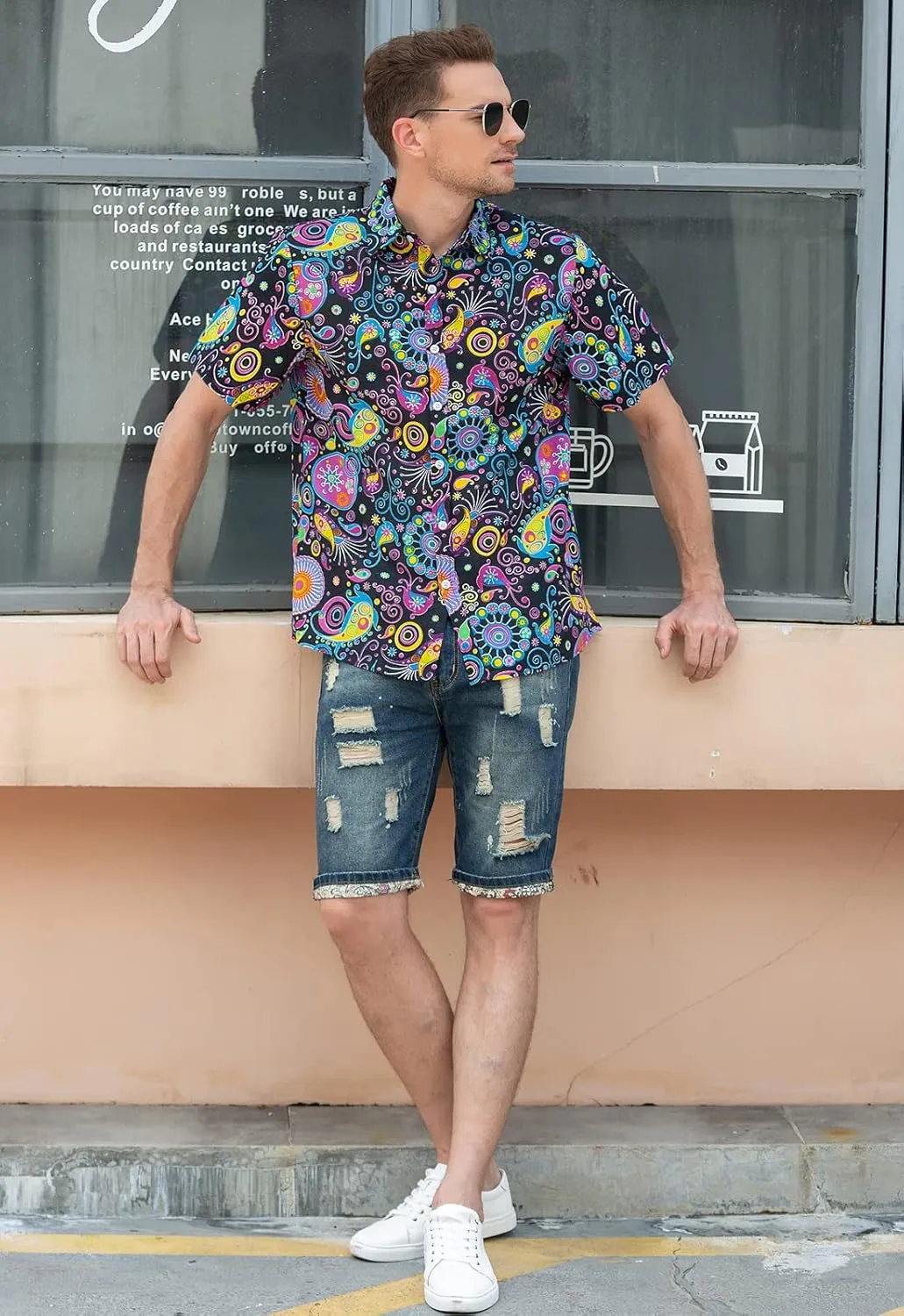 QZH.DUAO Mens 70s Disco Party Shirts Casual Paisley Button Down Shirt Vintage Floral Hawaiian Beach Short Sleeve Shirt