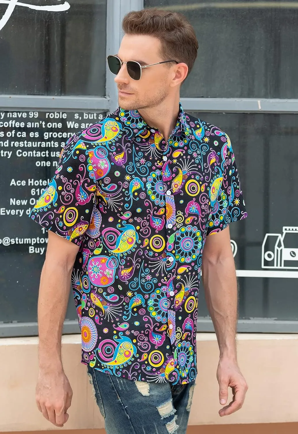 QZH.DUAO Mens 70s Disco Party Shirts Casual Paisley Button Down Shirt Vintage Floral Hawaiian Beach Short Sleeve Shirt