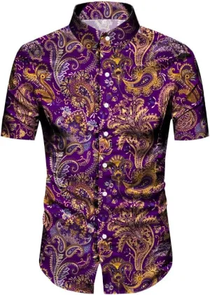 QZH.DUAO Mens 70s Disco Party Shirts Casual Paisley Button Down Shirt Vintage Floral Hawaiian Beach Short Sleeve Shirt