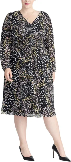 Rachel Roy Womens Iris Smocked Midi Dress, Black, Plus Size, 18W
