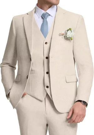 Retro Mens Linen Suit Slim Fit 3 Piece Summer Wedding Suit Casual Beach Linen Suits for Men Prom Jacket Vest Pant Set