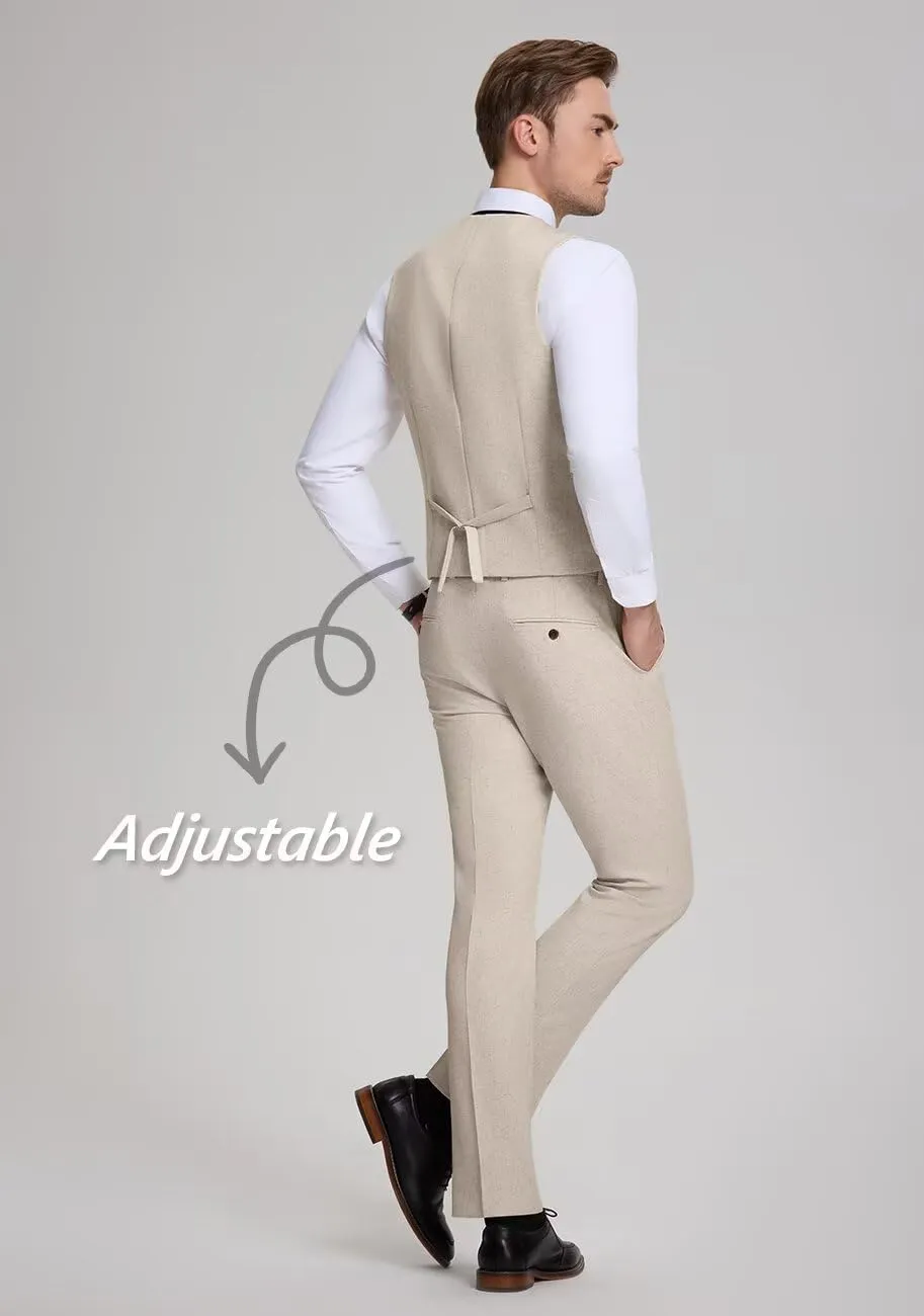 Retro Mens Linen Suit Slim Fit 3 Piece Summer Wedding Suit Casual Beach Linen Suits for Men Prom Jacket Vest Pant Set