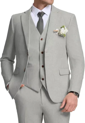 Retro Mens Linen Suit Slim Fit 3 Piece Summer Wedding Suit Casual Beach Linen Suits for Men Prom Jacket Vest Pant Set