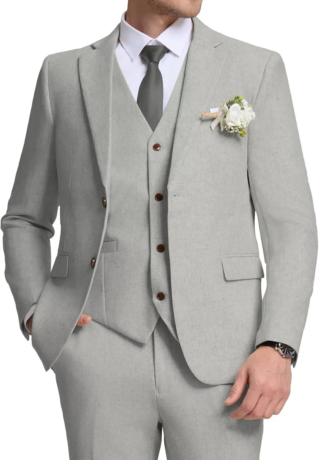 Retro Mens Linen Suit Slim Fit 3 Piece Summer Wedding Suit Casual Beach Linen Suits for Men Prom Jacket Vest Pant Set