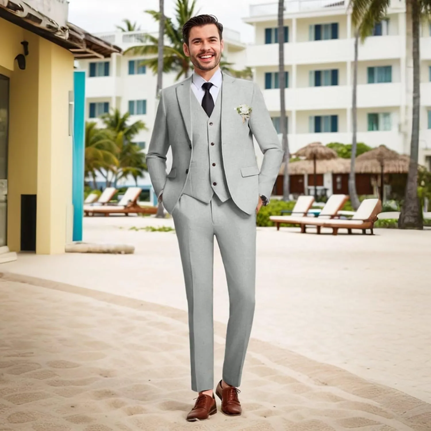 Retro Mens Linen Suit Slim Fit 3 Piece Summer Wedding Suit Casual Beach Linen Suits for Men Prom Jacket Vest Pant Set